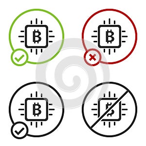 Black CPU mining farm icon isolated on white background. Bitcoin sign inside processor. Cryptocurrency mining community