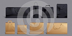 Black and craft paper bag and handle vector mockup