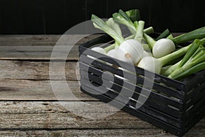 Black crate with green spring onions on wooden table, space for text