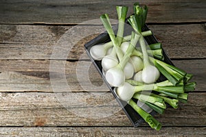 Black crate with green spring onions on wooden table, top view. Space for text