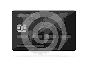 Black credit card with world map image isolated on white background. Flat vector illustration