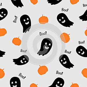Black creepy and fun ghost boo, pumpkin on light gray background. Seamless autumn Halloween pattern.