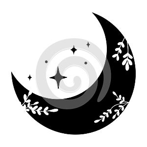 Black crescent moon with white lace floral ornament, stars. Design element for logos icons. Vector illustration. Modern Boho style