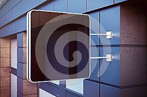 Black cristal digital screen on the bulding city. Concrete facades of modern buildings in background. Horizontal mockup photo