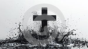 Black Cross with Dynamic Water Splash on White