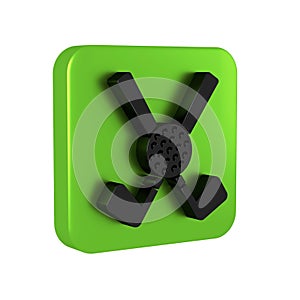Black Crossed golf club with ball icon isolated on transparent background. Green square button.