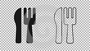 Black Crossed knife and fork icon isolated on transparent background. Cutlery symbol. Vector