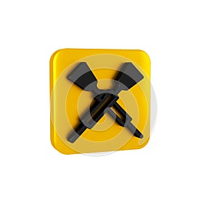 Black Crossed oars or paddles boat icon isolated on transparent background. Yellow square button.