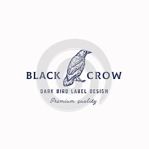 Black Crow Abstract Vector Sign, Symbol or Logo Template. Hand Drawn Raven or Crow Bird Sketch Silhouette with Retro