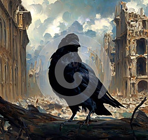 Black crow in city ruins