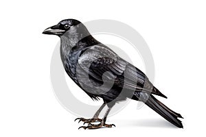 Black crow isolated on white background with clipping path. Close up.