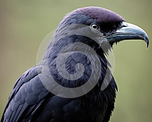 A black crow perched on a branch with its beak open and looking directly at the camera.