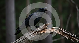 Black Crow Perched on Broken Branch in Dark Forest
