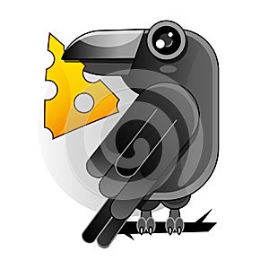 Black crow with piece of cheese in beak vector illustration, isolated on white background