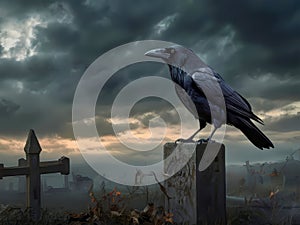 Black crow portrait in Halloween landscape