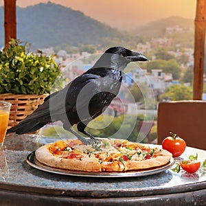 A black crow sheeting on a pizza