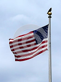 A Black Crow Sitting Atop the Ball of a Flagpole with an American Flag Blowing in the Wind