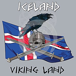Black crow sitting on a Viking helmet, crossed swords on the background of the Icelandic banner