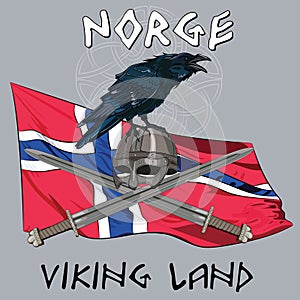 Black crow sitting on a Viking helmet, crossed swords on the background of the Norwegian banner