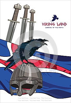 Black crow sitting on a Viking helmet, three swords on the background of the Icelandic banner