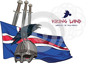 Black crow sitting on a Viking helmet, three swords on the background of the Icelandic banner