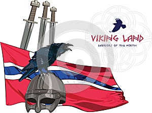 Black crow sitting on a Viking helmet, three swords on the background of the Norwegian banner