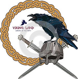 Black crow sitting on a Viking helmet with two crossed swords on background Scandinavian pattern