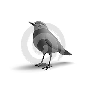Black crow standing, 3D. Black bird for design concepts on white background. Vector
