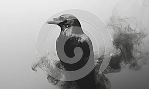 A black crow is standing in front of a cloud of smoke