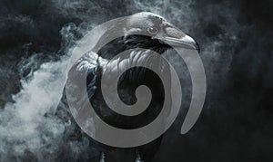 A black crow is standing in front of a cloud of smoke