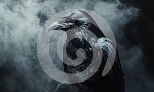 A black crow is standing in front of a cloud of smoke