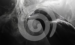 A black crow is standing in front of a cloud of smoke
