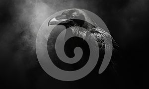 A black crow is standing in front of a dark background