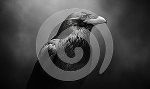 A black crow is standing in front of a dark background
