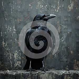 A black crow is standing in front of a dark background.