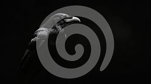 A black crow is standing in front of a dark background