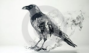 A black crow is standing in front of a white background