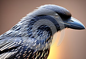 A black crow standing on a rocky outcropping, looking out over the landscape.