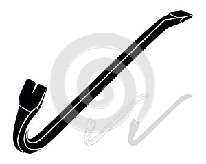 Black Crowbar. Jemmy. Silhouette, Outline and Monochrome Wrecking Bar Isolated on White