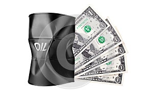 Black crumpled oil drum and dollar banknotes isolated on white, dented oil cask, oil barrel price fall down concept, oil cost drop