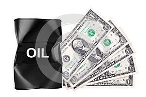 Black crumpled oil drum and dollar banknotes isolated on white, dented oil cask, oil barrel price fall down concept, oil cost drop