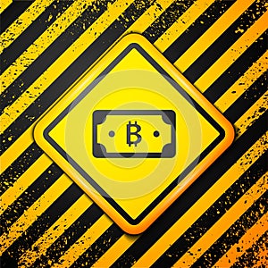 Black Cryptocurrency bitcoin icon isolated on yellow background. Blockchain technology, digital money market. Warning