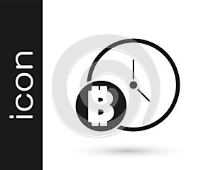 Black Cryptocurrency coin Bitcoin with clock icon isolated on white background. Physical bit coin. Blockchain based