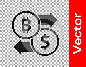 Black Cryptocurrency exchange icon isolated on transparent background. Bitcoin to dollar exchange icon. Cryptocurrency technology