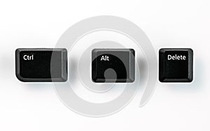 Black Ctrl, Alt, Del keyboard keys isolated on white, a combination of keys used to reboot a computer