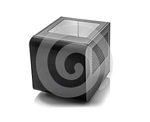 A black cube-shaped computer case isolated on a white background.