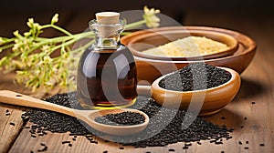 Black Cumin. Glass bottle of black cumin seeds essential oil , Nigella Sativa in spoon on wooden background. Generative AI