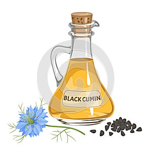 Black cumin oil, seeds and Nigella sativa flower isolated