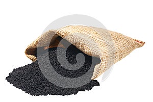 black cumin in a sack isolated on a white background, top view