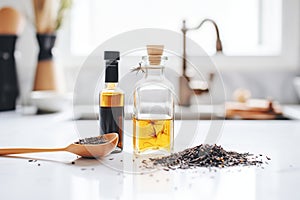 black cumin seed oil in a bottle with black seeds spilled around